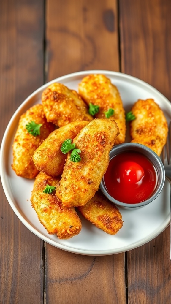 Crispy garlic parmesan chicken tenders on a plate with marinara sauce and parsley garnish.
